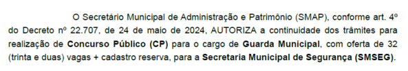 Autorização para a continuidade dos trâmites para a realização do concurso da GM Porto Alegre RS